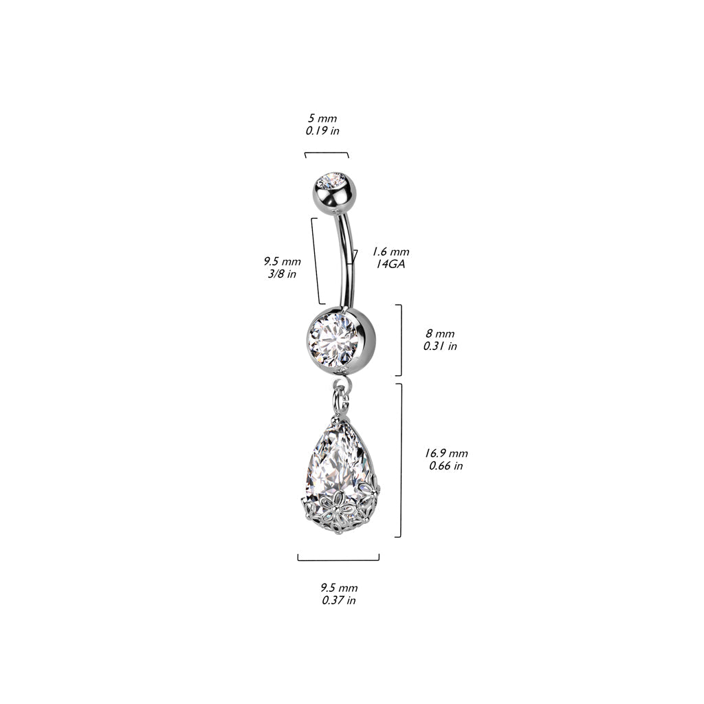 14 Gauge Silver Dangling Ornate Teardrop Belly Button Bar size guide