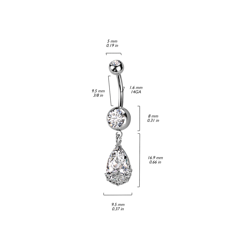 Cherry Diva belly bar 14 Gauge Silver Dangling Ornate Teardrop Belly Button Bar