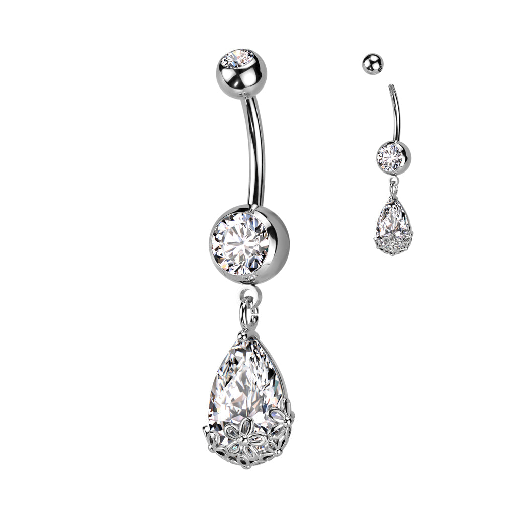Cherry Diva belly bar 14 Gauge Silver Dangling Ornate Teardrop Belly Button Bar