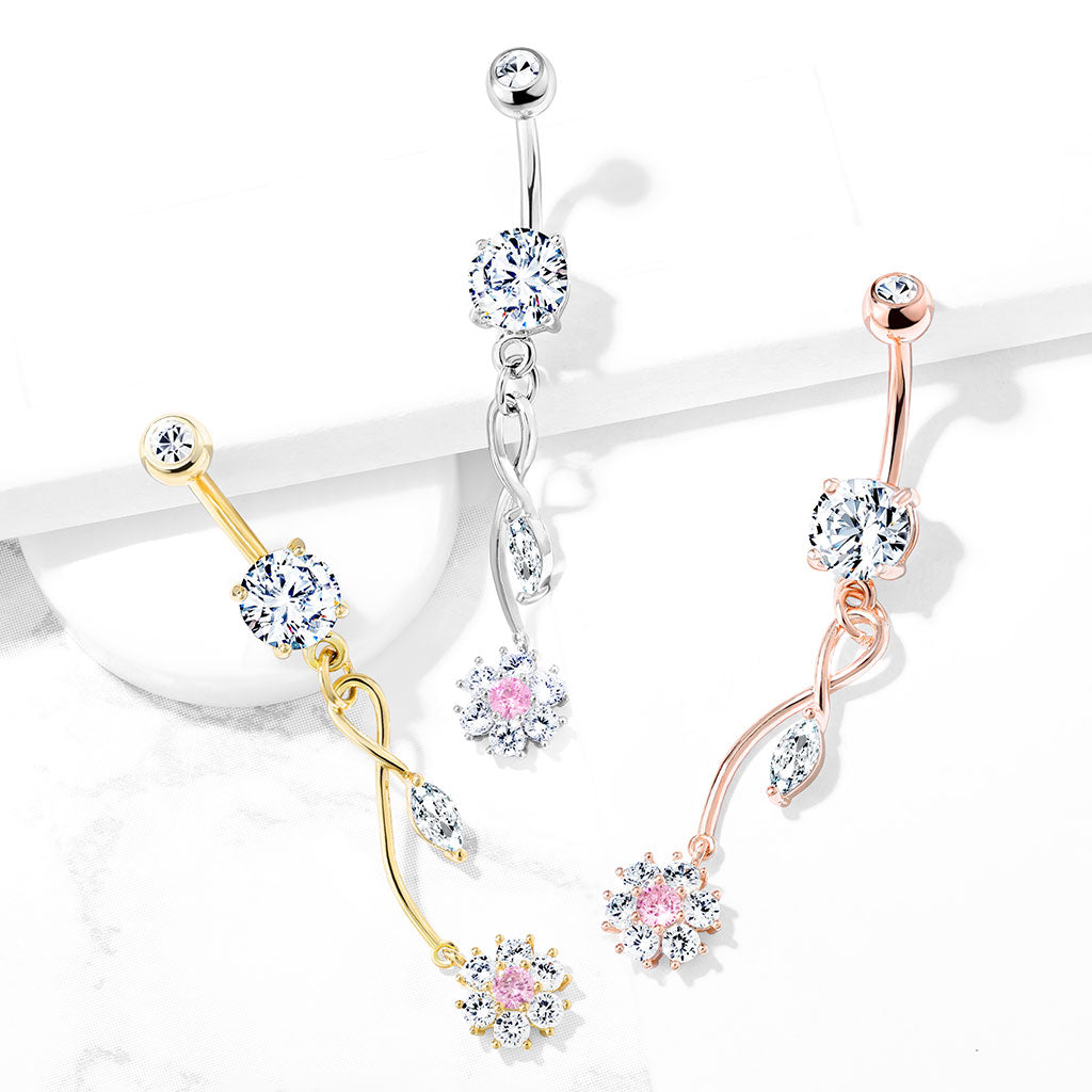 Cherry Diva belly bar 14 Gauge Silver Dangling Flowers Belly Button Bar