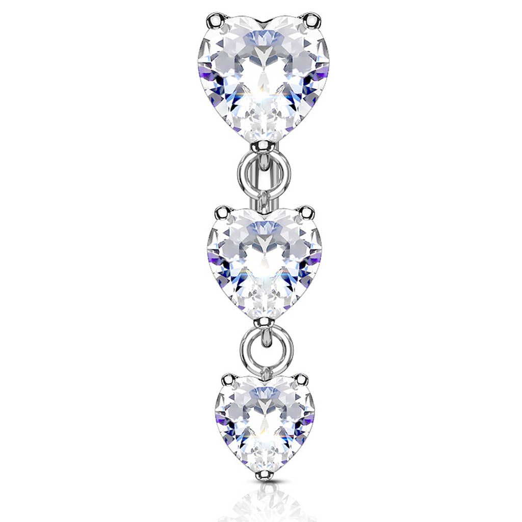 Cherry Diva belly bar 14 Gauge Dangling Triple Crystal Heart Reverse Belly Button Bar