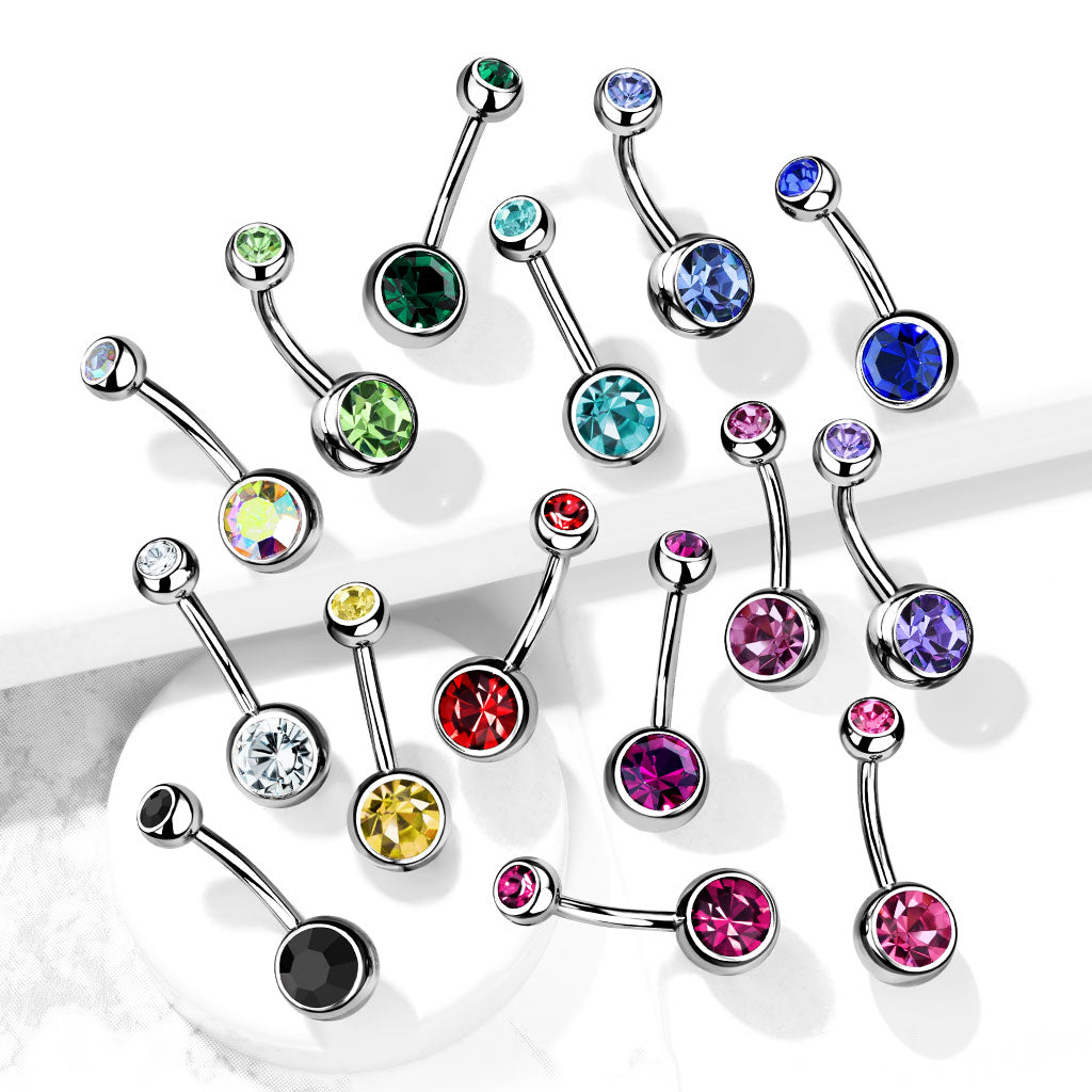 14 Gauge Double Crystal Surgical Steel Belly Bar