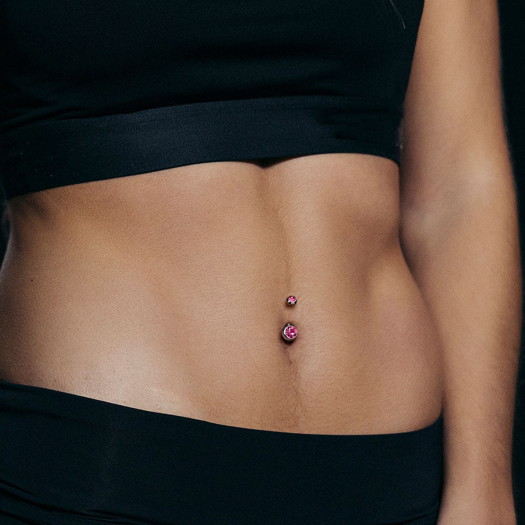 Cherry Diva belly bar 14 Gauge Double Crystal Surgical Steel Belly Bar
