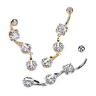 14 Gauge Double Dangling Crystal Belly Bar - Gold
