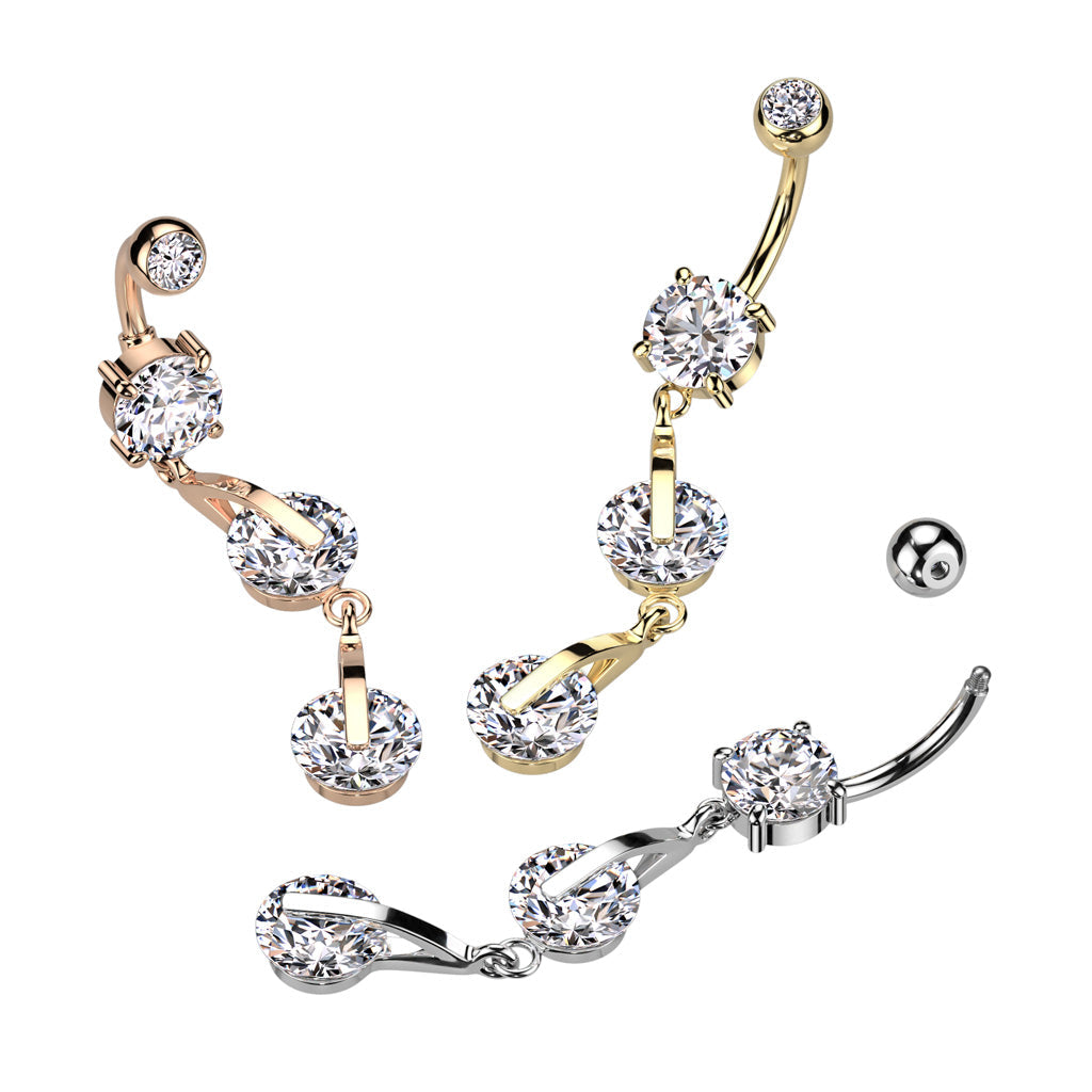 Cherry Diva belly bar 14 Gauge Double Dangling Crystal Belly Bar - Silver