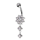 Cherry Diva belly bar 14 Gauge Double Dangling Crystal Flower Belly Bar - Silver