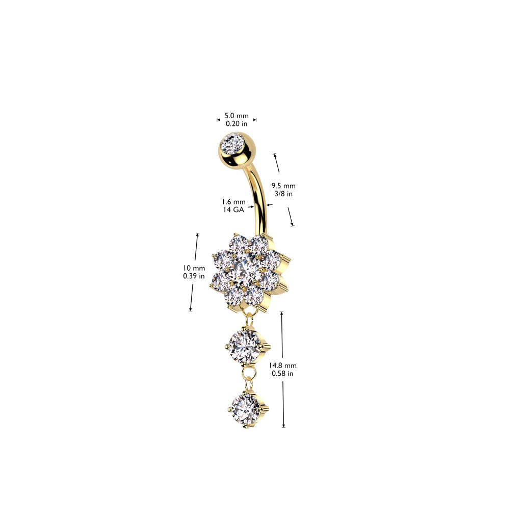14 Gauge Double Dangling Crystal Flower Belly Bar - Size guide