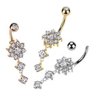 Cherry Diva belly bar 14 Gauge Double Dangling Crystal Flower Belly Bar - Silver