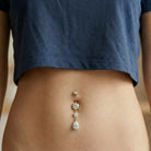 Cherry Diva Belly Bar 14 Gauge Double Dangling Crystal Teardrop Belly Bar - Gold