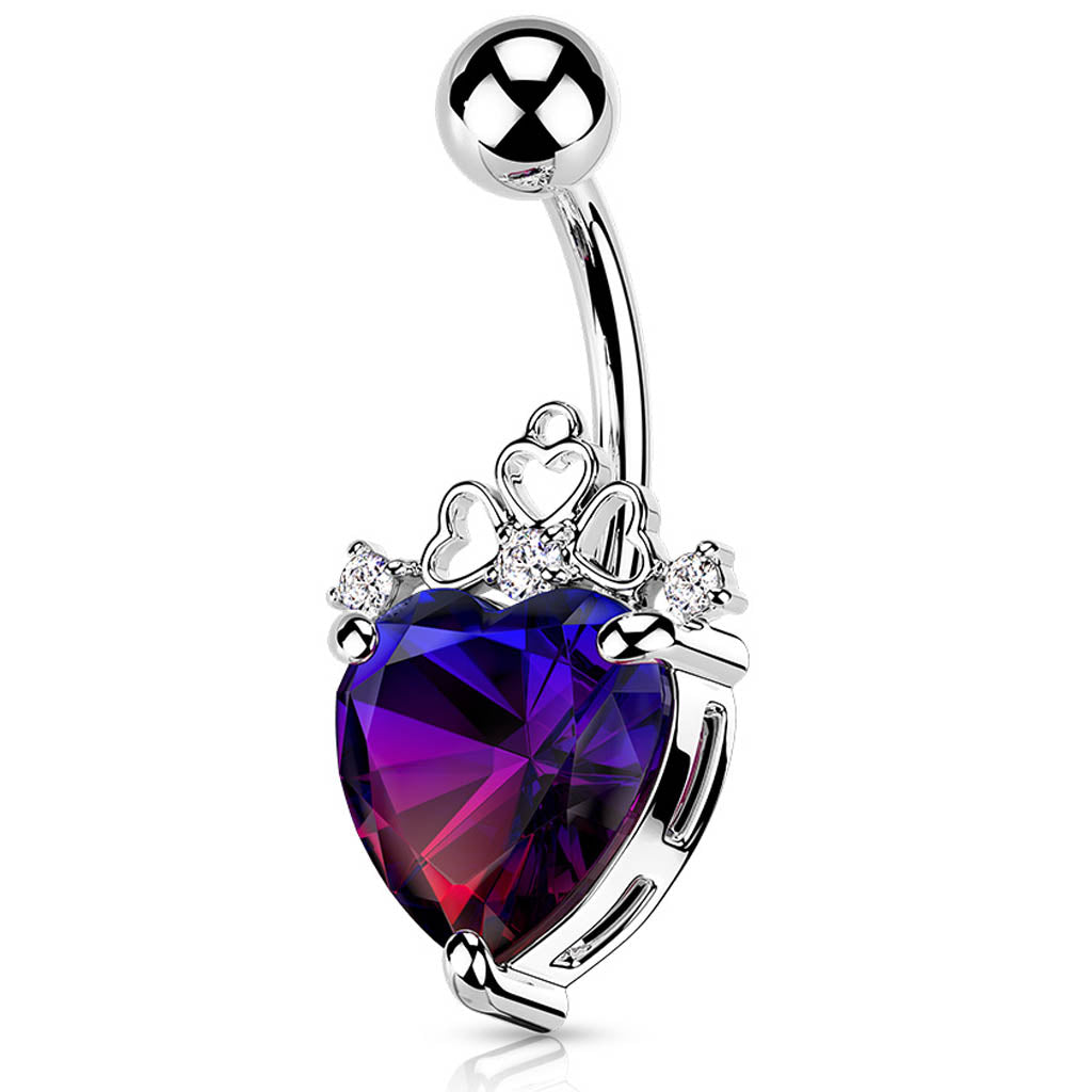 Cherry Diva Belly Bar 14 Gauge Filigree Crystal Heart Belly Button Bar