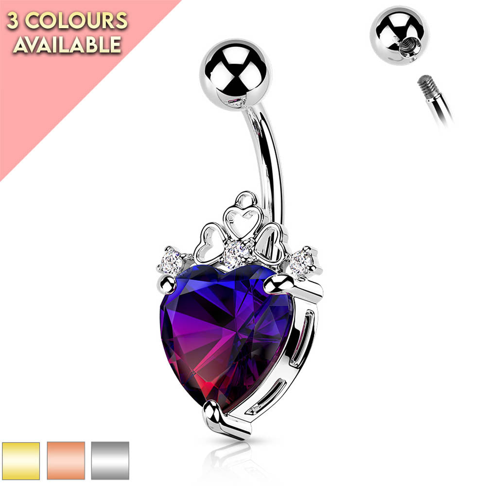 14 Gauge Filigree Crystal Heart Belly Button Bar