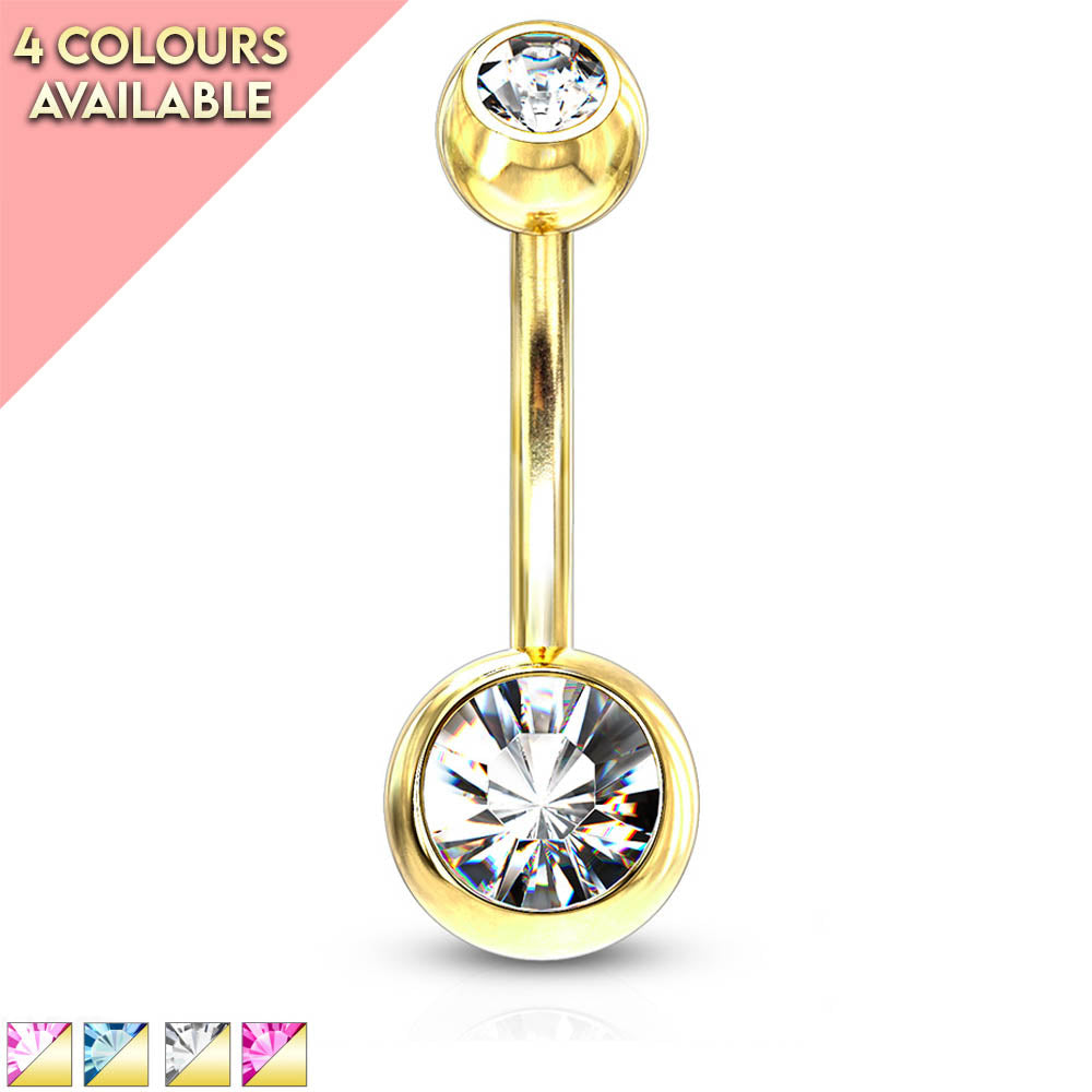 14 Gauge Gold Double Crystal Belly Button Bar
