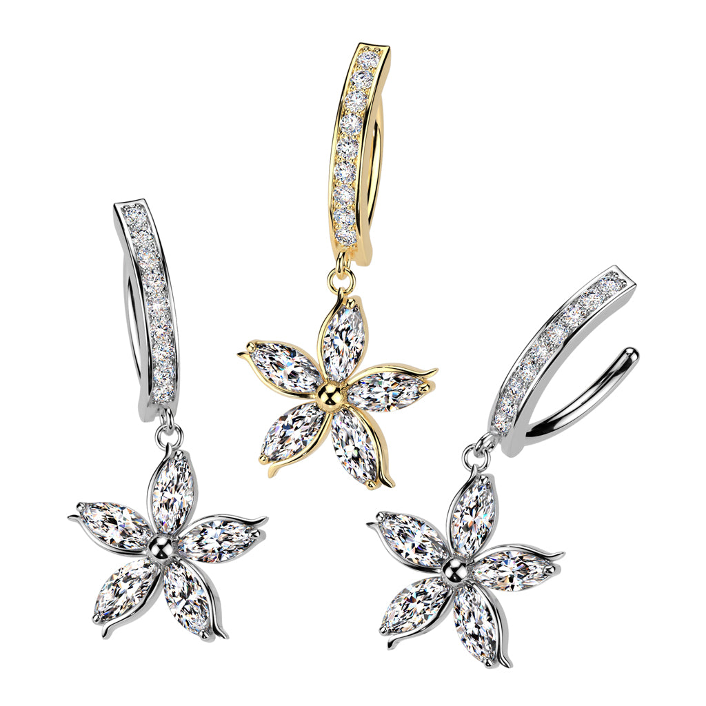 Cherry Diva belly bar 14 Gauge Hinged Dangling Crystal Flower Belly Button Ring