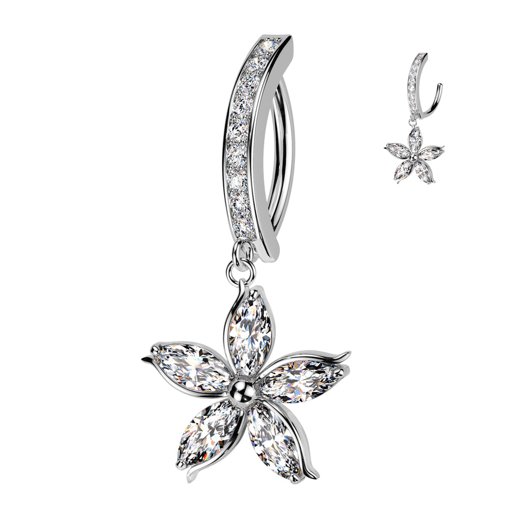 Cherry Diva belly bar 14 Gauge Hinged Dangling Crystal Flower Belly Button Ring