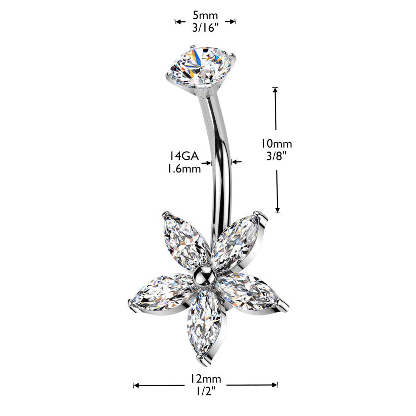Cherry Diva belly bar 14 Gauge Hypoallergenic Internally Threaded Crystal Flower Belly Bar