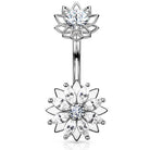 Cherry Diva belly bar 14 Gauge Internally Threaded Crystal Double Flower Belly Bar