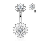 Cherry Diva belly bar Silver 14 Gauge Internally Threaded Crystal Double Flower Belly Bar