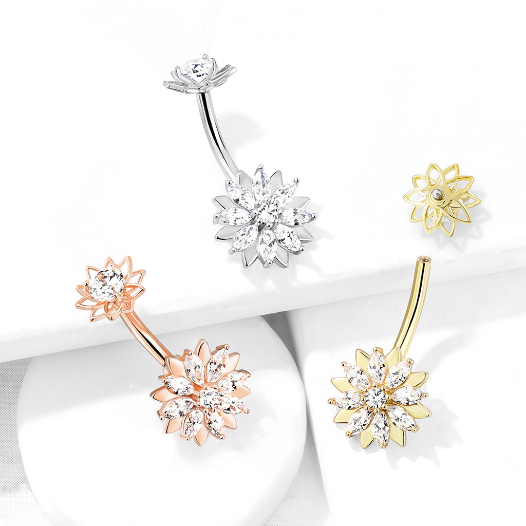 Cherry Diva belly bar 14 Gauge Internally Threaded Crystal Double Flower Belly Bar