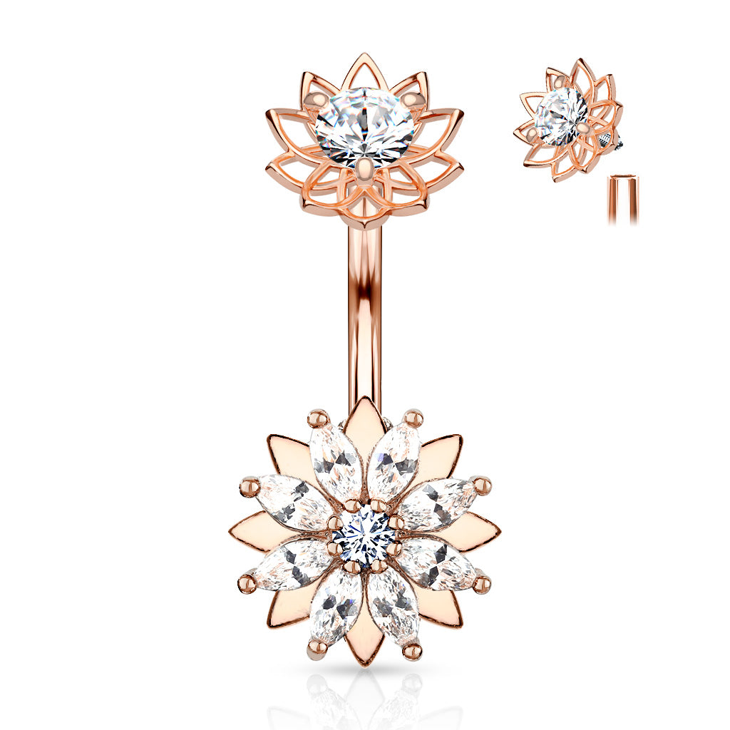 Cherry Diva belly bar Rose Gold 14 Gauge Internally Threaded Crystal Double Flower Belly Bar