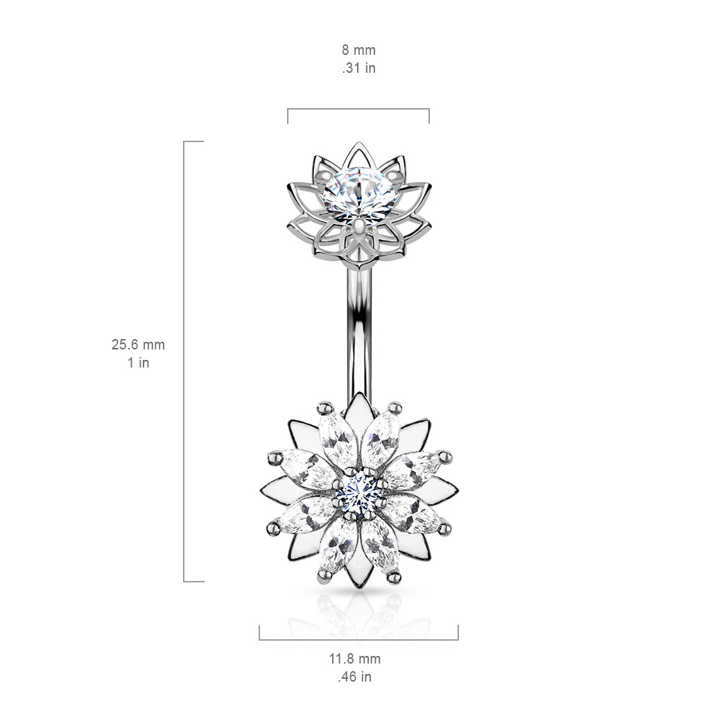 Cherry Diva belly bar 14 Gauge Internally Threaded Crystal Double Flower Belly Bar