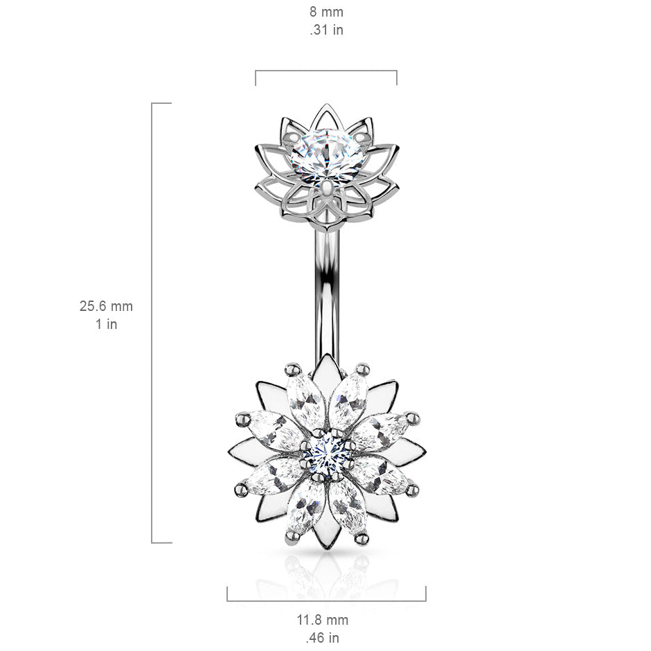 Cherry Diva belly bar 14 Gauge Internally Threaded Crystal Double Flower Belly Bar