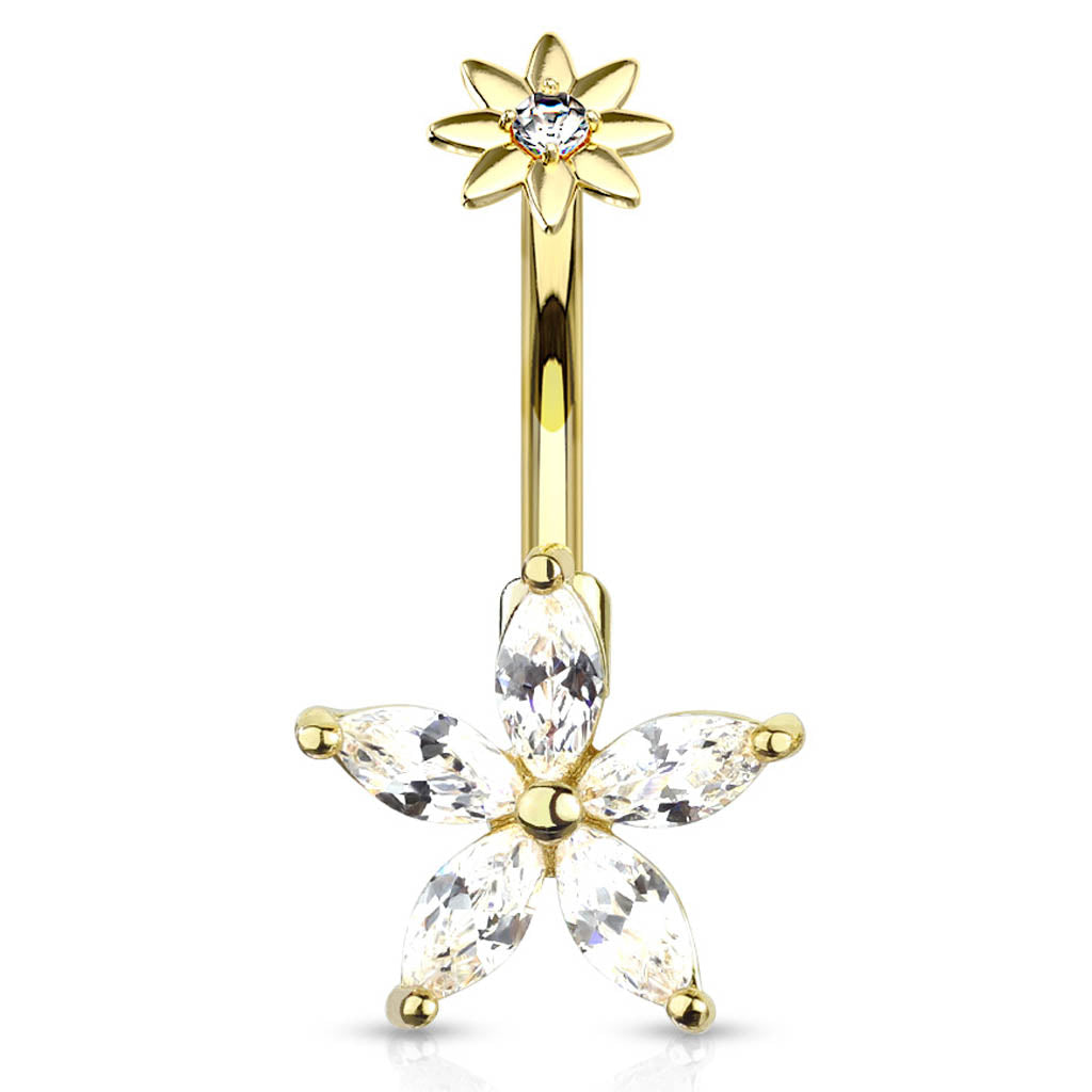 Cherry Diva belly bar 14 Gauge Internally Threaded Marquise Flower Crystal Belly Bar