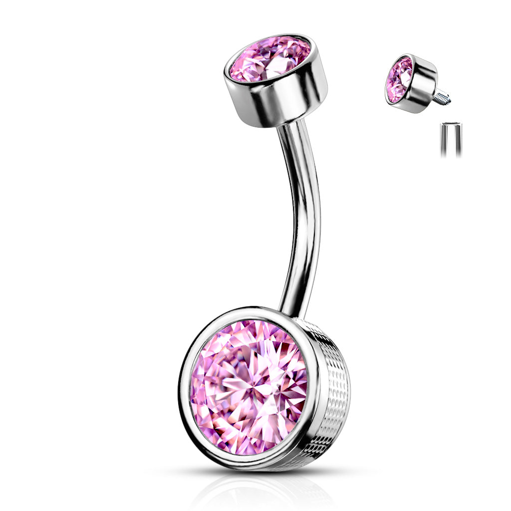 14 Gauge Internally Threaded Round Crystal Belly Bar Pink