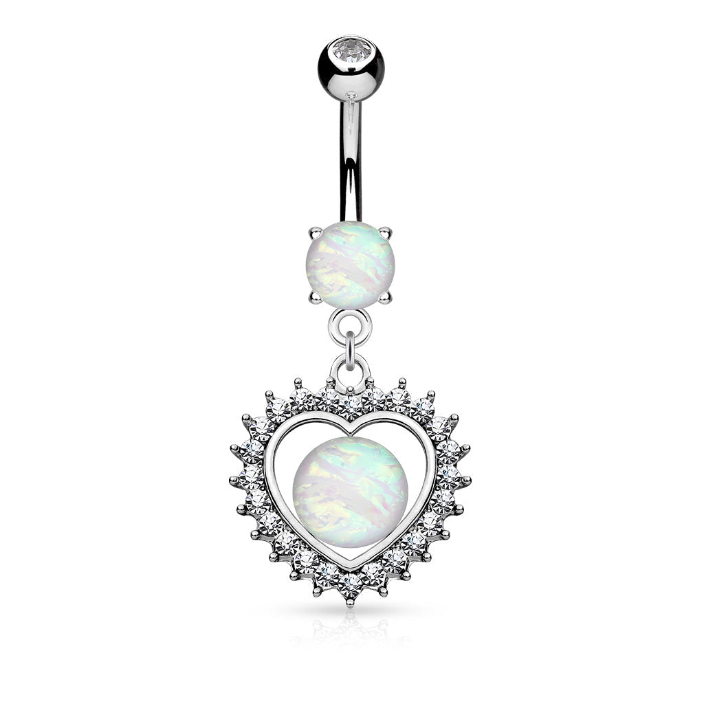 14 Gauge Opal Heart Belly Bar