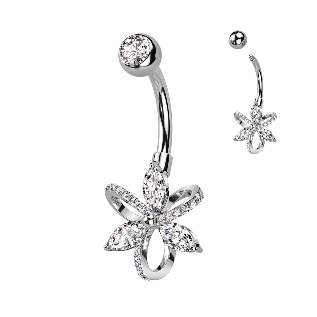Cherry Diva belly bar 14 Gauge Silver Crystal Three Petal Flower Belly Bar