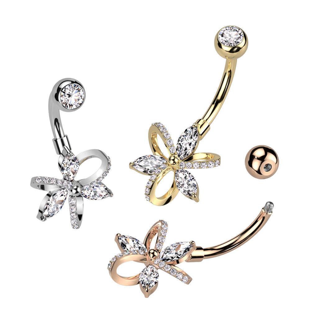 Cherry Diva belly bar 14 Gauge Silver Crystal Three Petal Flower Belly Bar