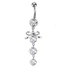 Cherry Diva Belly Bar 14 Gauge Silver Dangling Crystal Bow Belly Button Bar