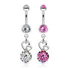 Cherry Diva Belly Bar 14 Gauge Silver Dangling Crystal Heart Belly Button Bar