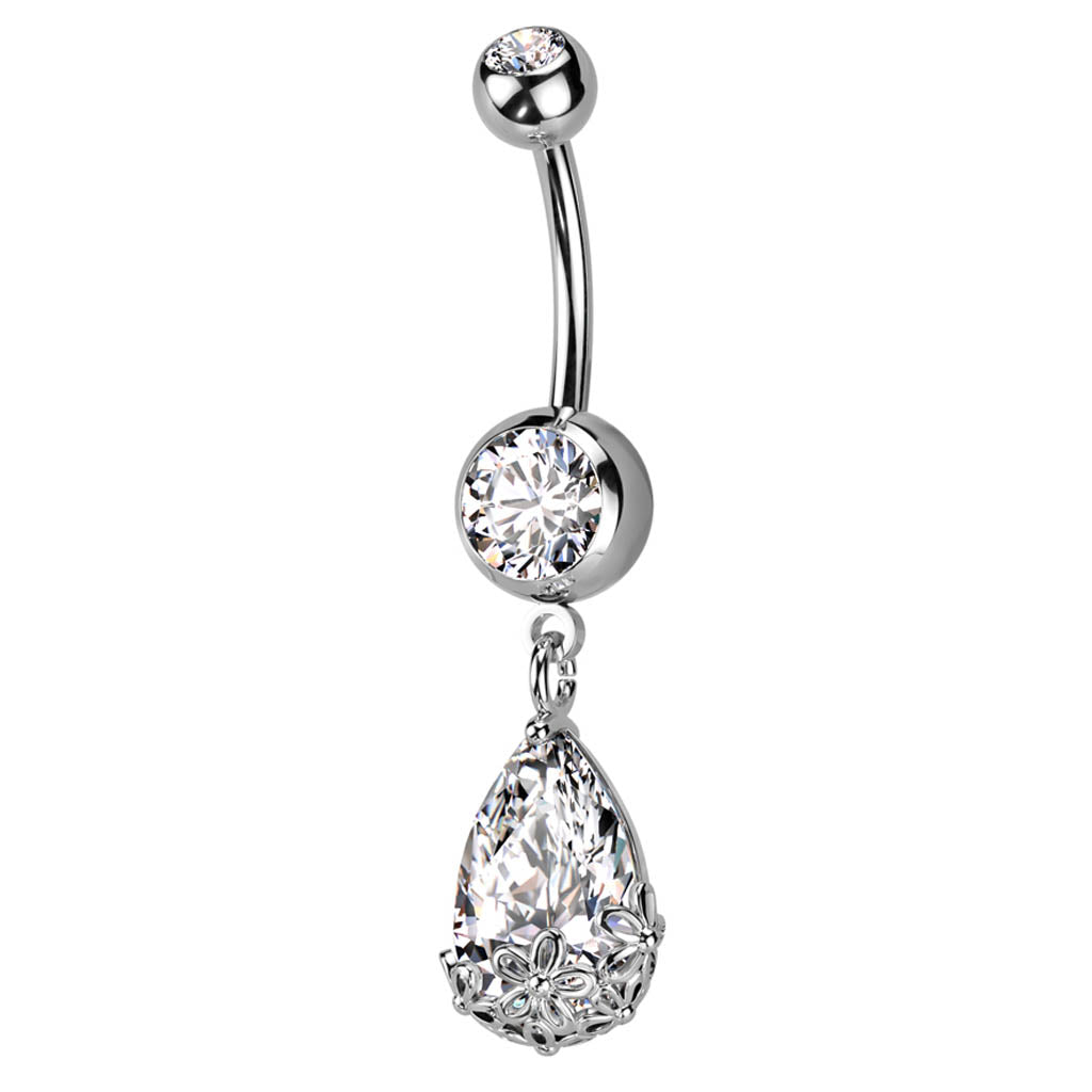Cherry Diva belly bar 14 Gauge Silver Dangling Ornate Teardrop Belly Button Bar