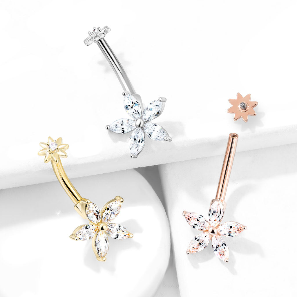 Cherry Diva belly bar 14 Gauge Silver Marquise Flower Crystal Belly Bar