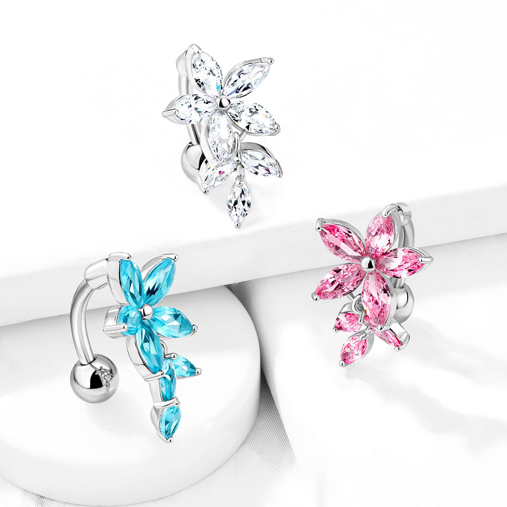 Cherry Diva belly bar 14 Gauge Silver Triple Clear Crystal Flower Belly Button Ring