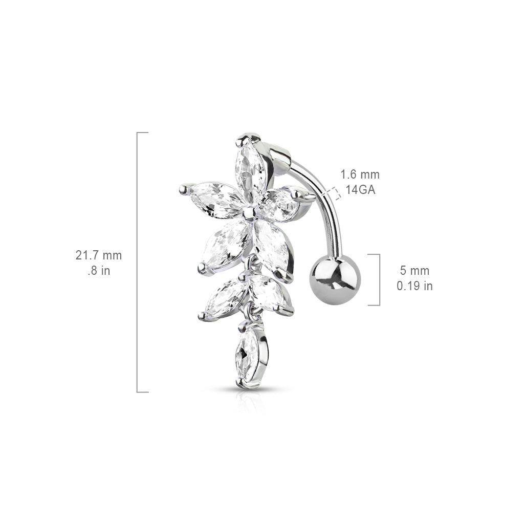 14 Gauge Silver Triple Clear  Crystal Flower Belly Button Ring