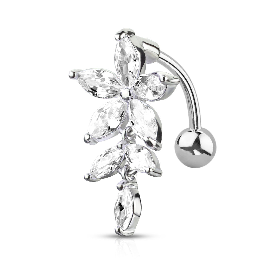 14 Gauge Silver Triple Clear  Crystal Flower Belly Button Ring