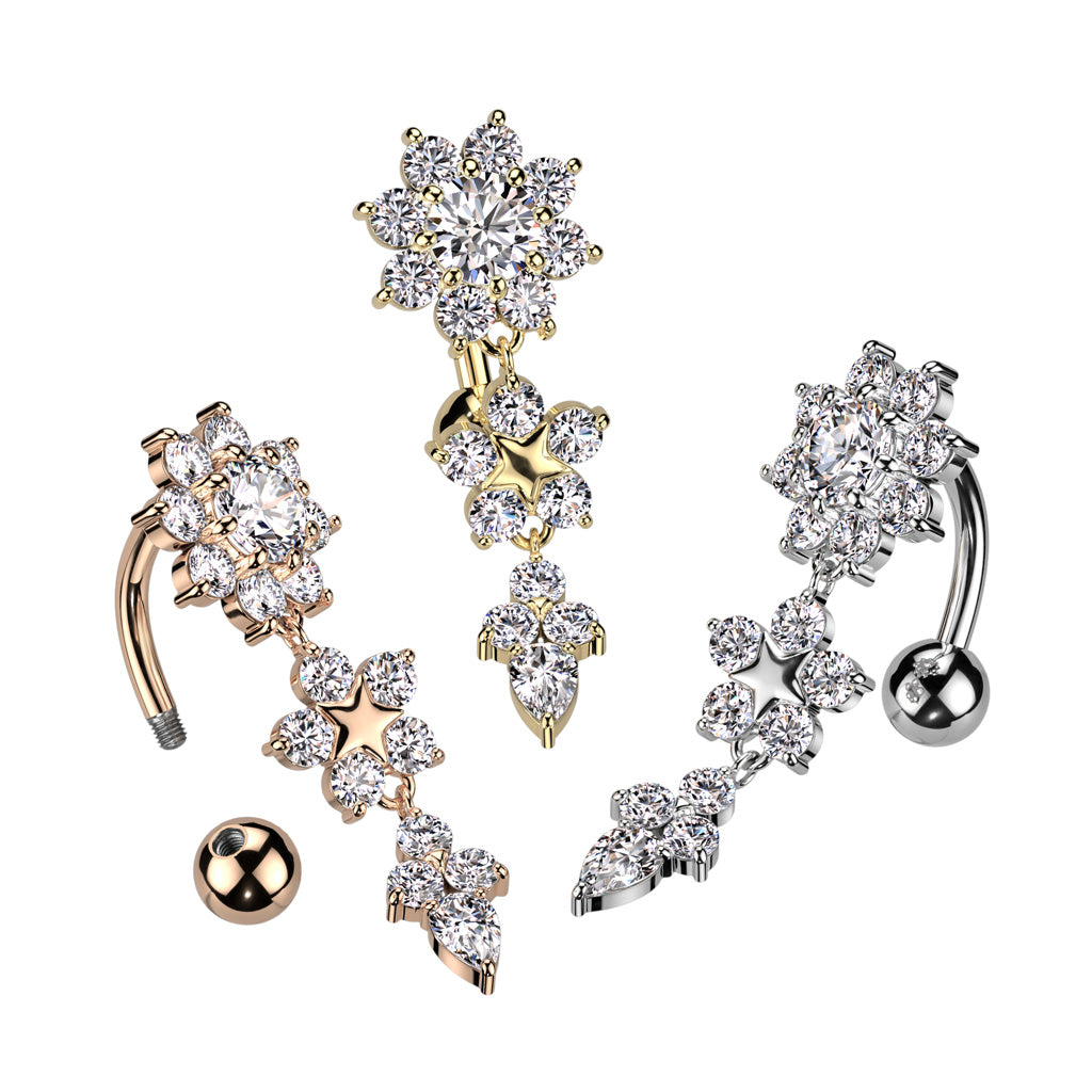 Cherry Diva belly bar 14 Gauge Silver Triple Flower Reverse Belly Button Bar