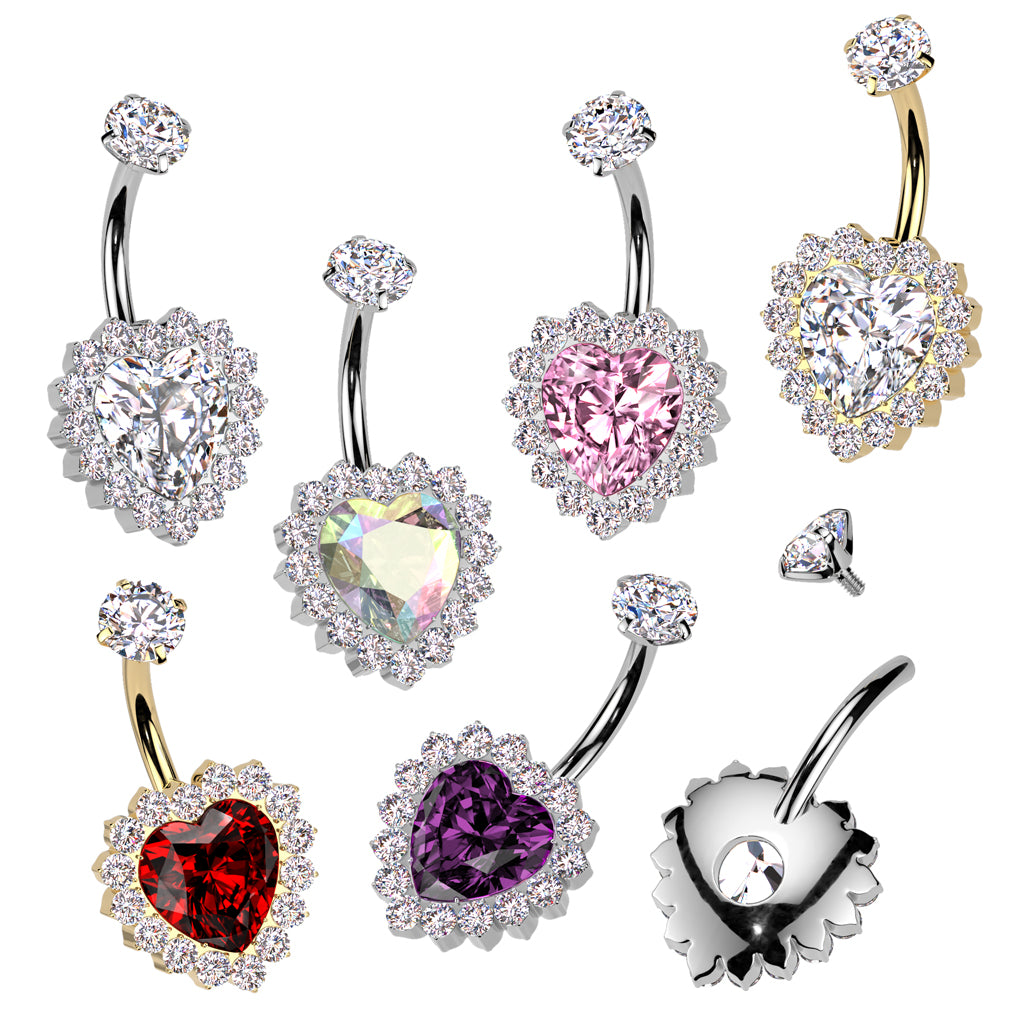 Cherry Diva Belly Bar 14 Gauge Titanium Crystal Cluster Heart Belly Button Bar
