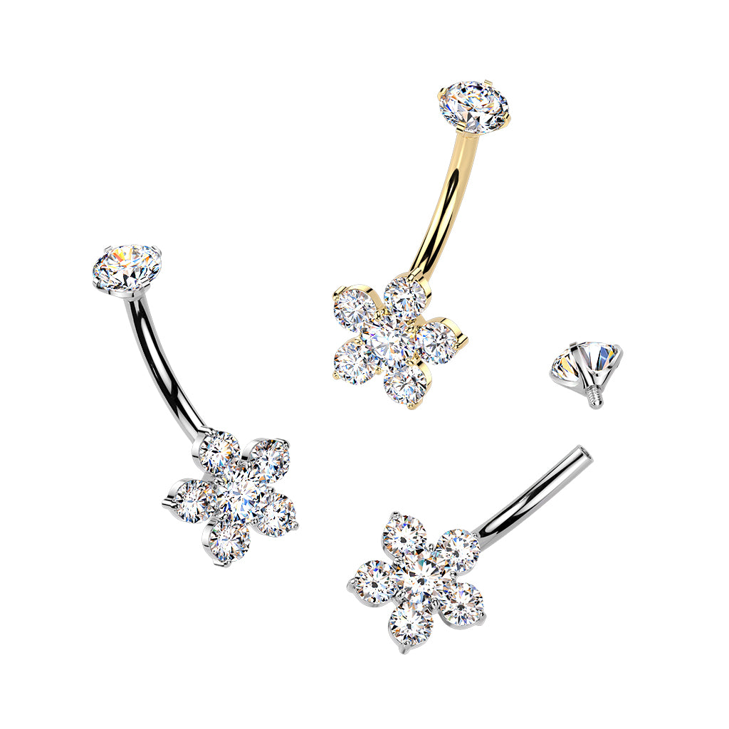 Cherry Diva Belly Bar 14 Gauge Titanium Crystal Flower Belly Button Bar