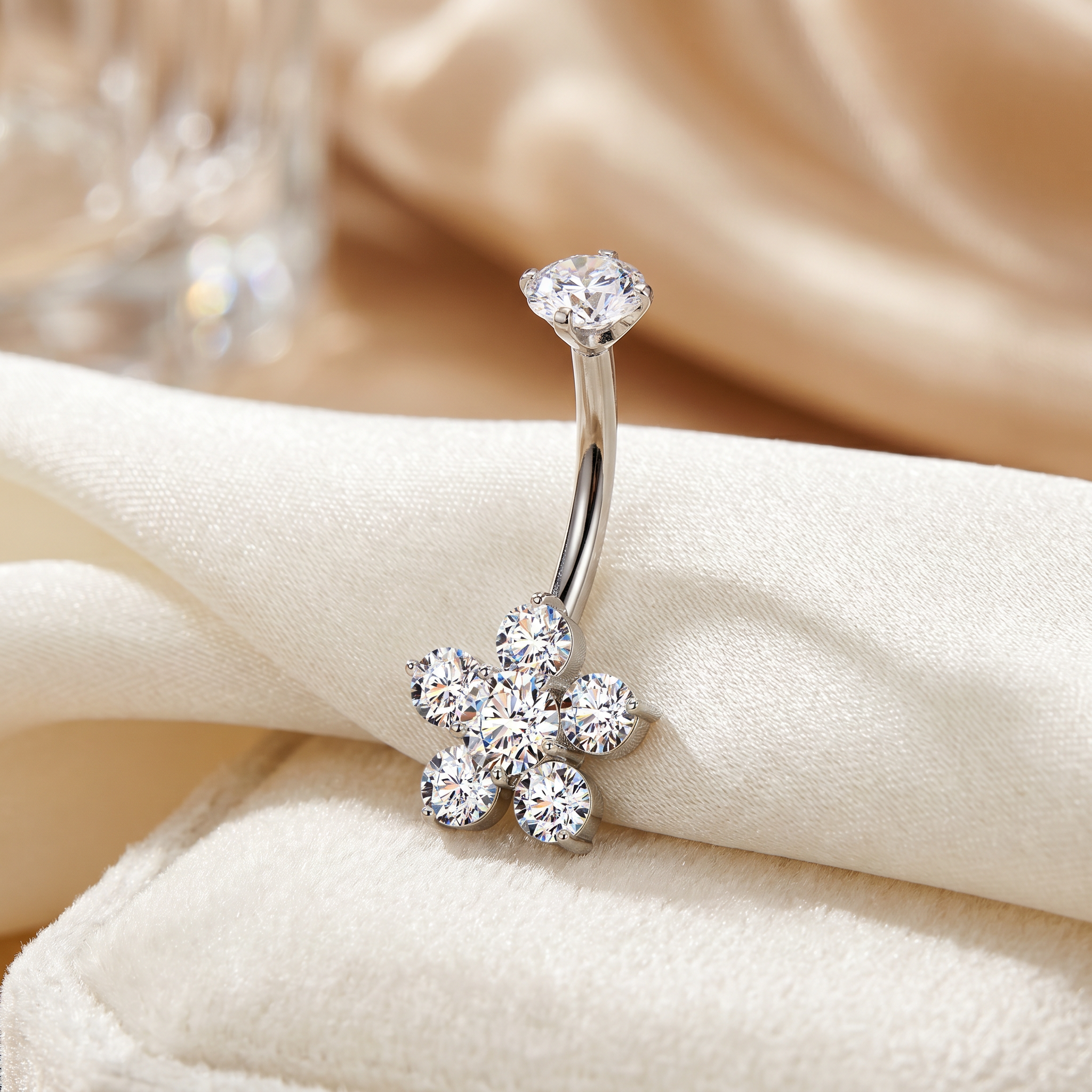 Cherry Diva Belly Bar 14 Gauge Titanium Crystal Flower Belly Button Bar