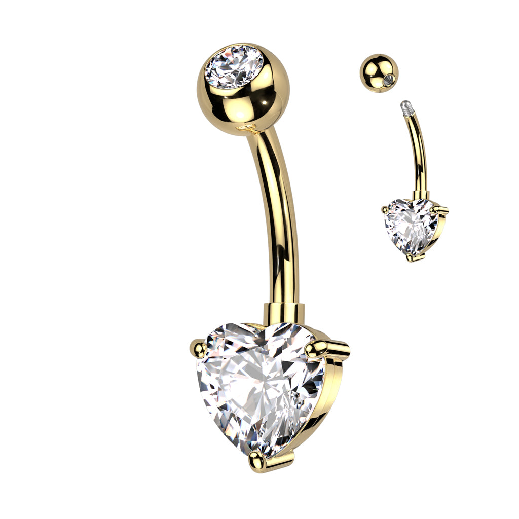 Cherry Diva belly bar Gold 14 Gauge Titanium Prong Set Crystal Heart Belly Button Bar