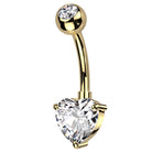 Cherry Diva belly bar Gold 14 Gauge Titanium Prong Set Crystal Heart Belly Button Bar