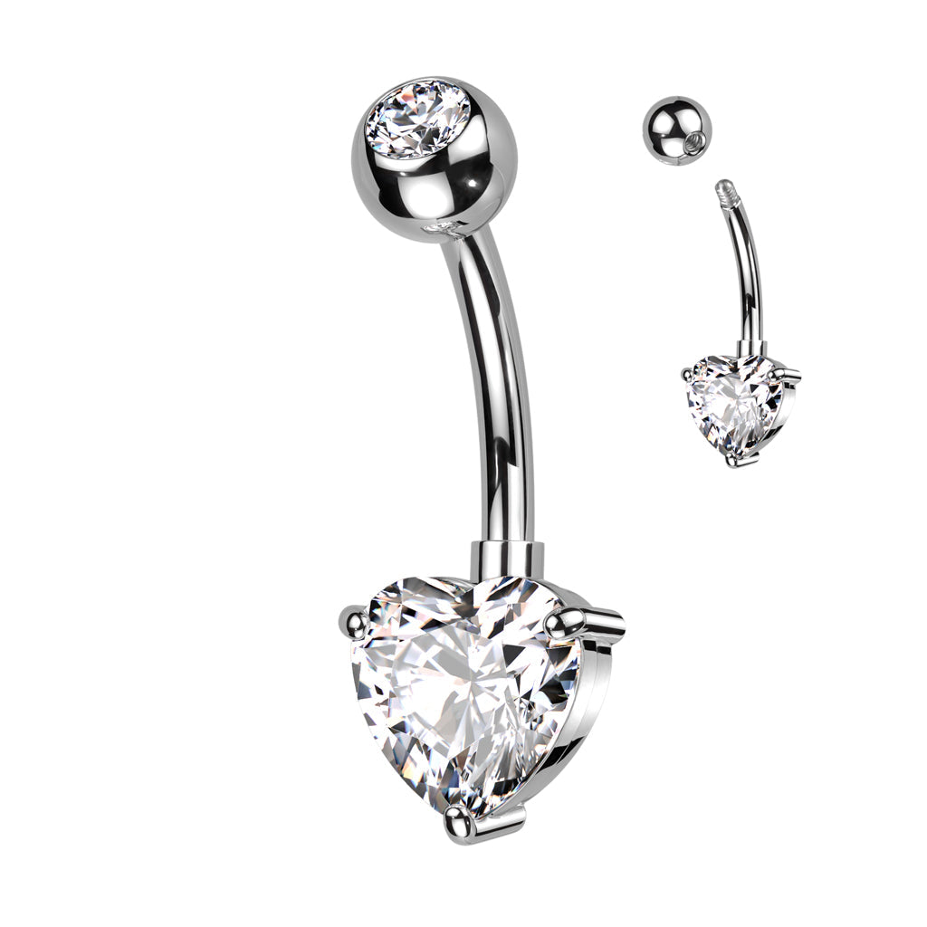 Cherry Diva belly bar Clear Crystal 14 Gauge Titanium Prong Set Crystal Heart Belly Button Bar