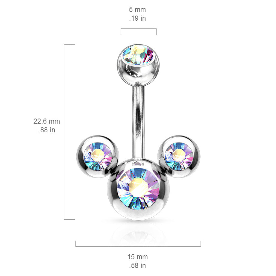 Cherry Diva belly bar 14 Gauge Triple Crystal Belly Bar - Aurora