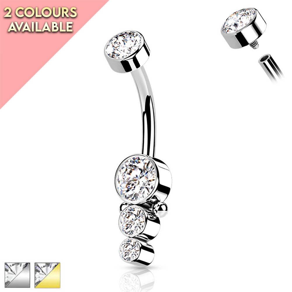 Cherry Diva belly bar 14 Gauge Triple Crystal Belly Button Bar