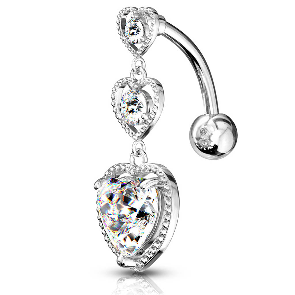 Cherry Diva Belly Bar 14 Gauge Triple Heart Reverse Belly Button Bar