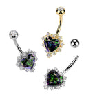 Cherry Diva belly bar 14 Silver Rainbow Crystal Heart Belly Button Bar