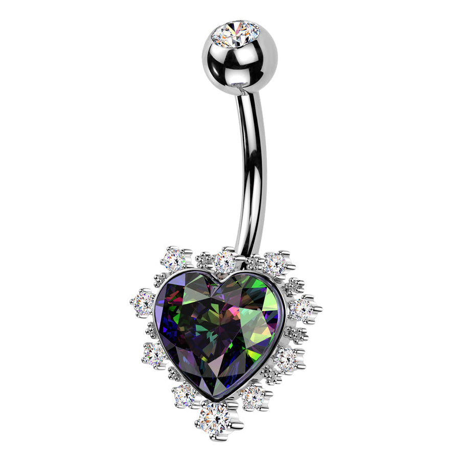 Cherry Diva belly bar 14 Silver Rainbow Crystal Heart Belly Button Bar