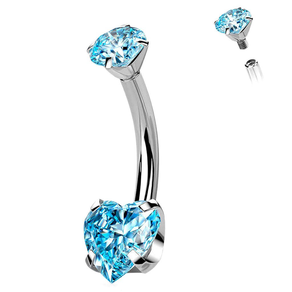 Cherry Diva belly bar Blue 14 Gauge Titanium Double Crystal Heart Belly Button Bar